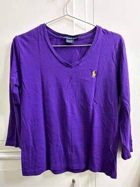 Ralph Lauren Sport Purple V-Neck Tee with Yellow Pony Embroidery